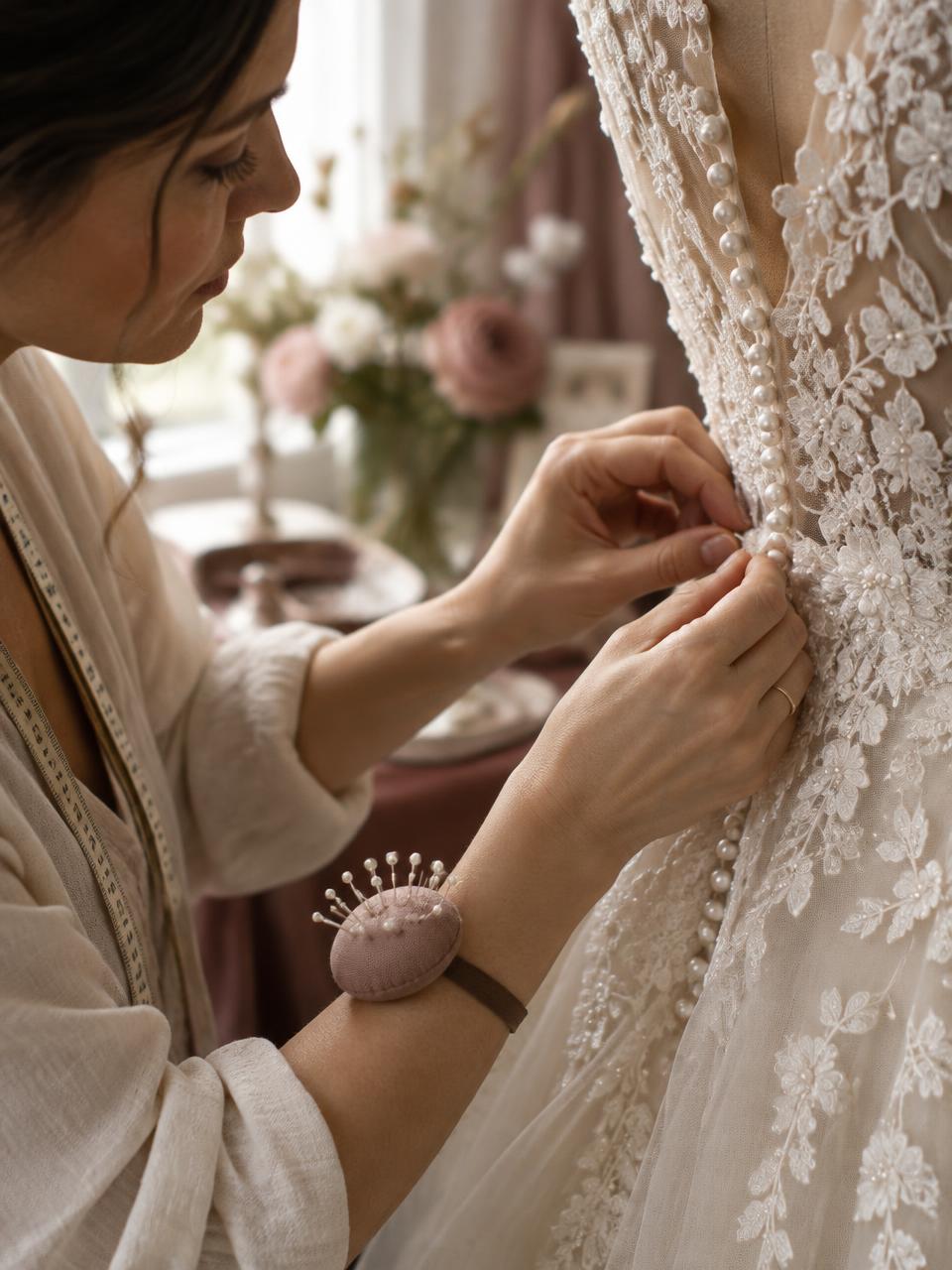 Mara carefully fastening pearl buttons on a lace wedding gown